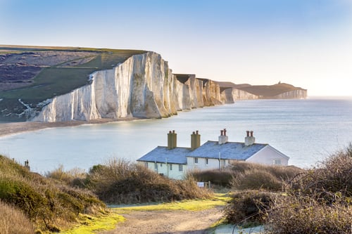 The Coast Guard Cottages & Seven Sisters Chalk Cliffs just outside Eastbourne, Sussex, England,